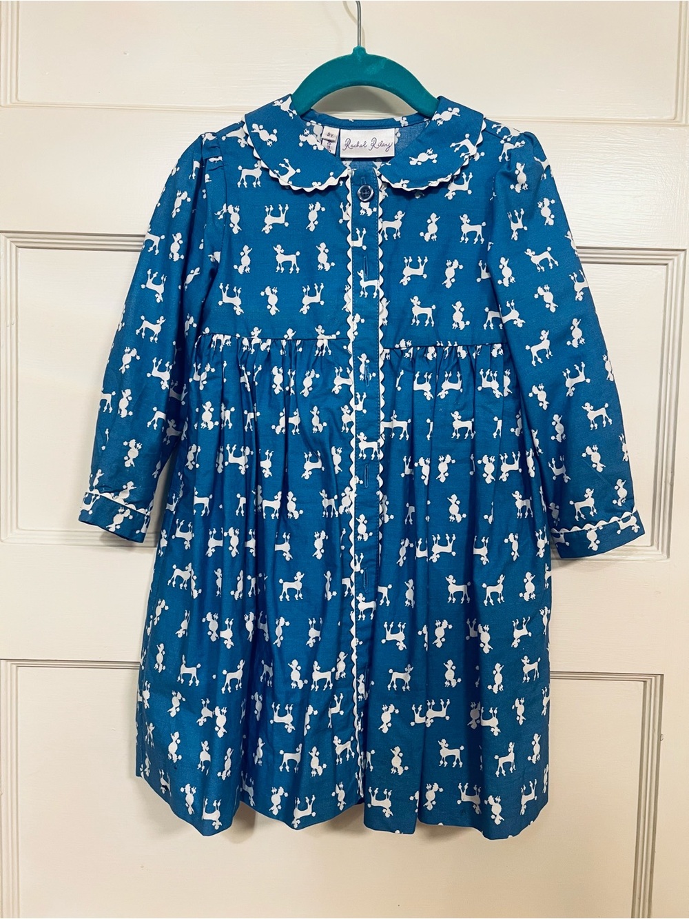 Rachel Riley Blue Dress with White Poodle Print